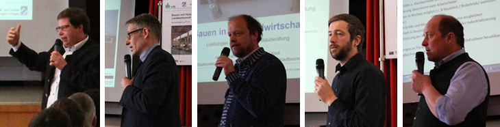 Die Referenten, von links: Benedikt Kuhn (AELF Kempten), Jochen Simon (LfL-ILT), Wolfram Wallner (AELF Kaufbeuren), Thomas Vlkl (BBV LandSiedlung), Ulrich Kennerknecht (Zimmerermeister)