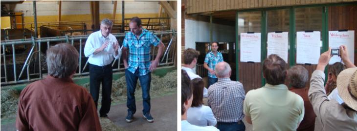 Der Leiter des Biosphärenreservats, Dr. Pius Hofstetter, erklärt uns das Gesamtkonzept (links); ein  teilnehmender Landwirt schildert die Vorzüge und Grenzen des Projekts aus Sicht der Praxis (rechts) 