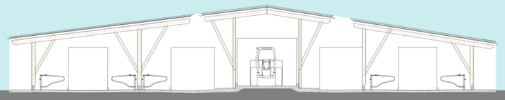 Zu 5: 2-Reiher Liegehalle + Futtertisch (Satteldach) + 3-Reiher Liegehalle