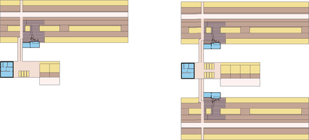 2-reihige Stallanlage fr ursprnglich 74 Tierpltze (links) nachtrglich erweiterbar auf ca. 148 Tierpltze (rechts)