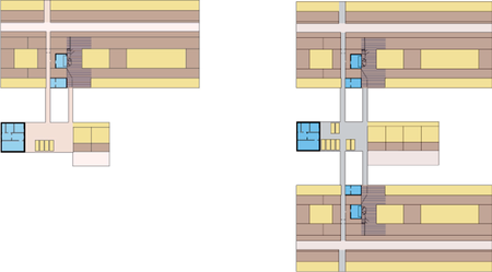 3-reihige Stallanlage fr ursprnglich 73 Tierpltze (links) nachtrglich erweiterbar auf ca. 146 Tierpltze (rechts)