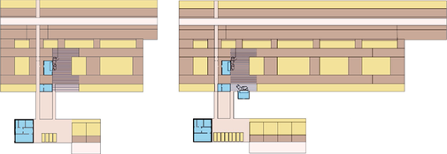 4-reihige Stallanlage fr ursprnglich 76 Tierpltze (links) nachtrglich erweiterbar auf ca. 152 Tierpltze (rechts)