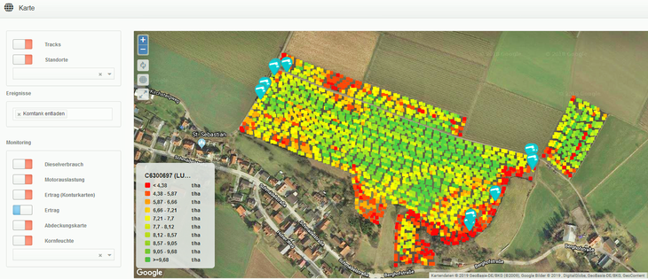 Ertragskarte mit Korntankentleerungspunkten aus der Beerntung dreier Feldstücke, dargestellt auf einem Luftbild (Googel Maps) mithilfe des Telemetriesystems der Firma Claas