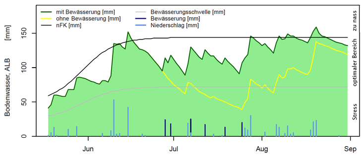 Abbildung 2: Von der Bewässerungs-App berechneter Wassergehalt im Wurzelraum der Kartoffeln in Ins, 2019. Die dunkelgrüne Linie zeigt den Verlauf mit Bewässerung, die gelbe Linie ohne Bewässerung. Bewässert werden soll ab der Bewässerungsschwelle (rote Linie).