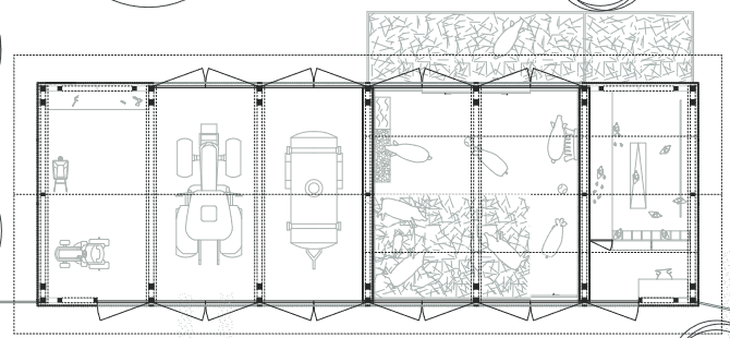 In diesem Entwurf werden die verschiedenen Funktionsbereiche in einem langen Baukrper unter einem Dach aneinandergereiht. Das Langhaus bietet Platz fr den Hhner- und Schweinestall sowie fr die Maschinenhalle.