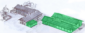 Traunsteiner Konzept - Umbau des alten Stalls für Technikräume und Neubau eines Laufstalles für die Tiere mit einem Laufhof zwischen beiden Bereichen. 