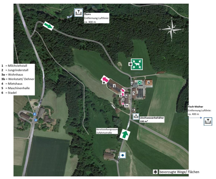 Beispiel eines objektbezogenen Einsatzplans mit Zufahrten, Sammelstellen und Gefahrenbereichen. / © L. Staber (HSWT) Beispiel eines objektbezogenen Einsatzplans mit Zufahrten, Sammelstellen und Gefahrenbereichen.